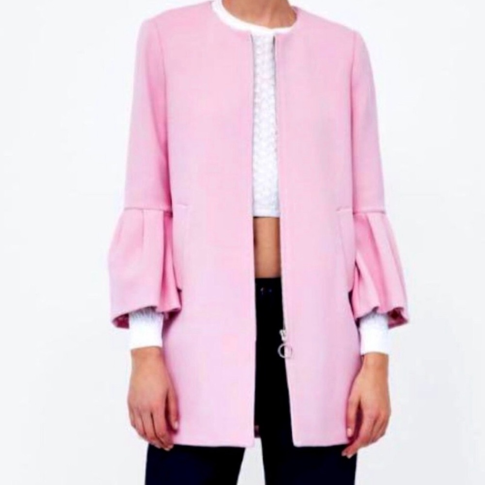 Zara Pink Coat Jacket with Ruffle Sleeves size XL